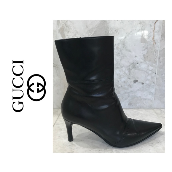 GUCCI {5} Booties Leather Healed Black - Picture 1 of 12